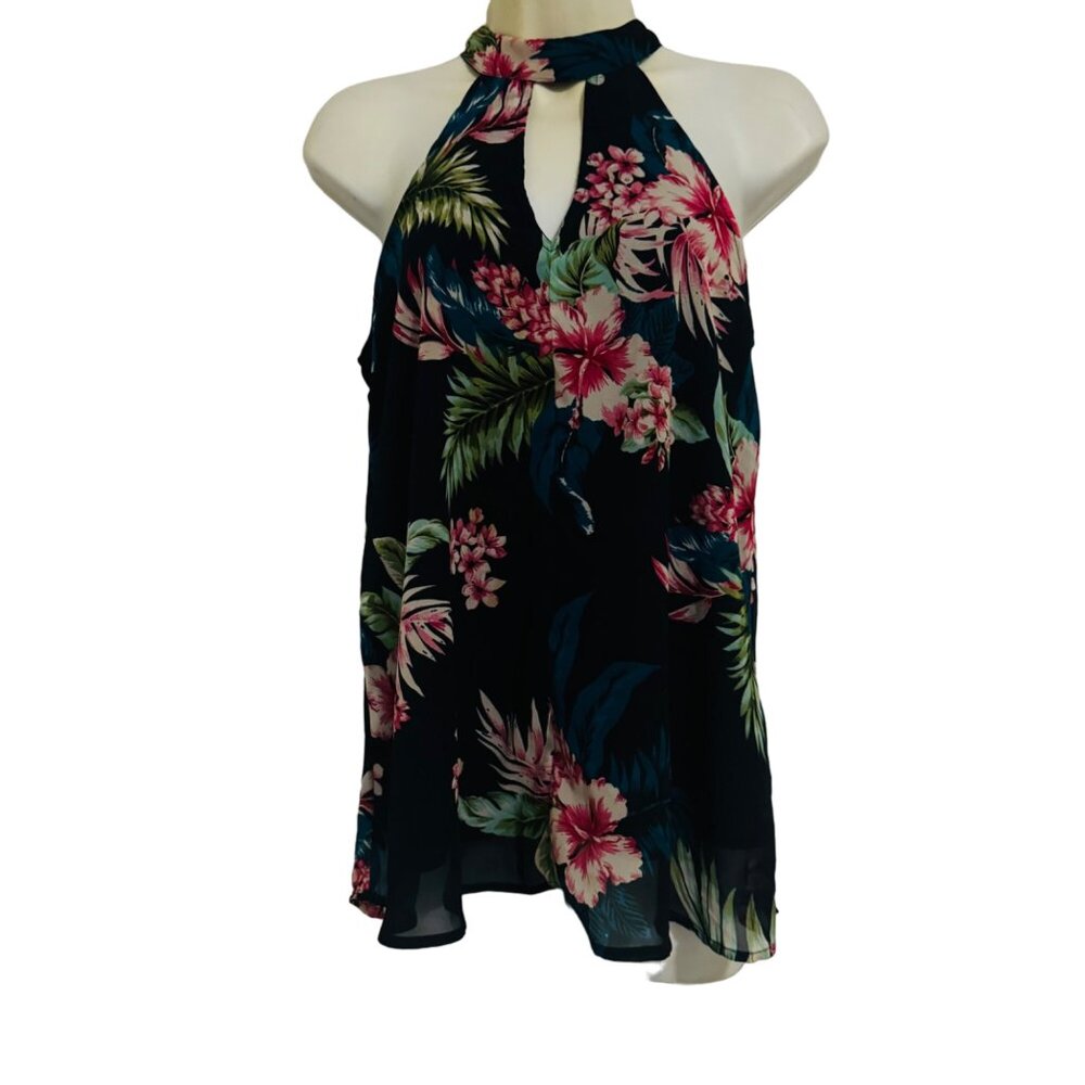 Japna womens blouse Halter ‎ Floral print Top Sz Small key hole back zipper